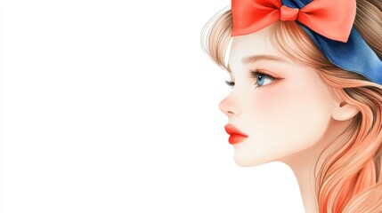 Naklejka premium A stylish illustration of a young woman in profile, featuring a vibrant hairstyle and a colorful bow, exuding a modern and playful aesthetic.