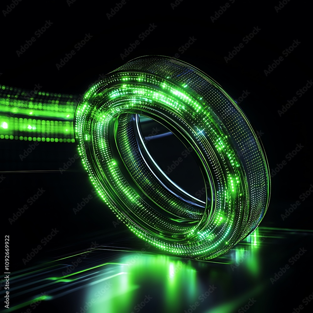 Wall mural futuristic green tire design with led-like light trails in a dark background emphasizing technology 