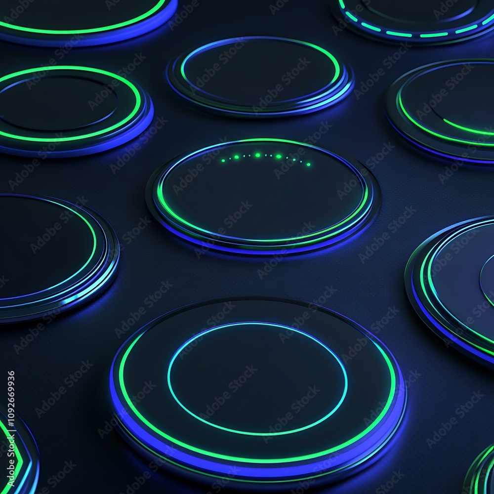 Poster futuristic illuminated interface with glowing buttons in a dark environment showcasing modern techno