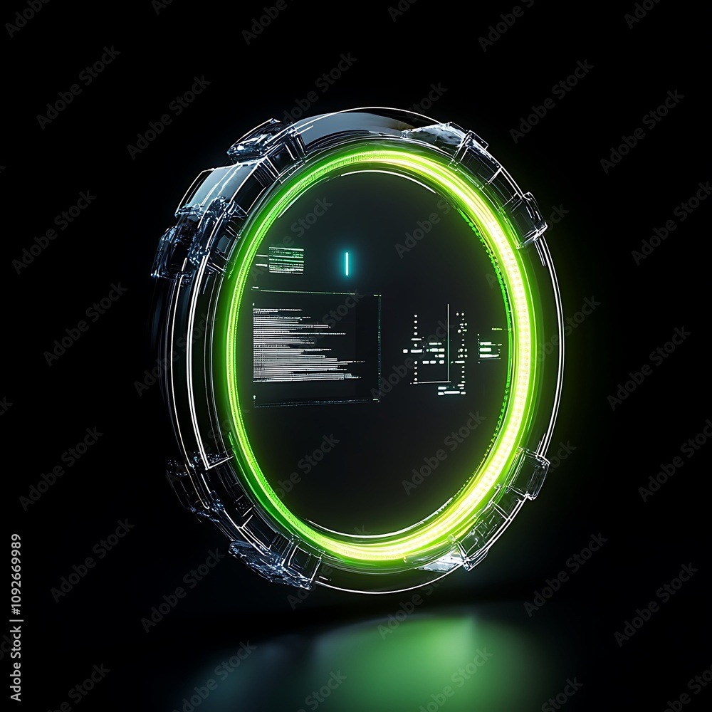 Poster futuristic interface design with circular holographic display and neon green elements showcasing dat