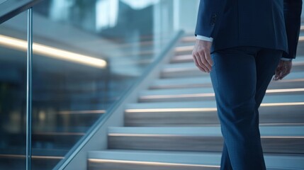 Obraz premium Business Professional Ascending Modern Stairs in Urban Office Environment, Symbolizing Progress, Success, and Ambition in Career Growth and Development