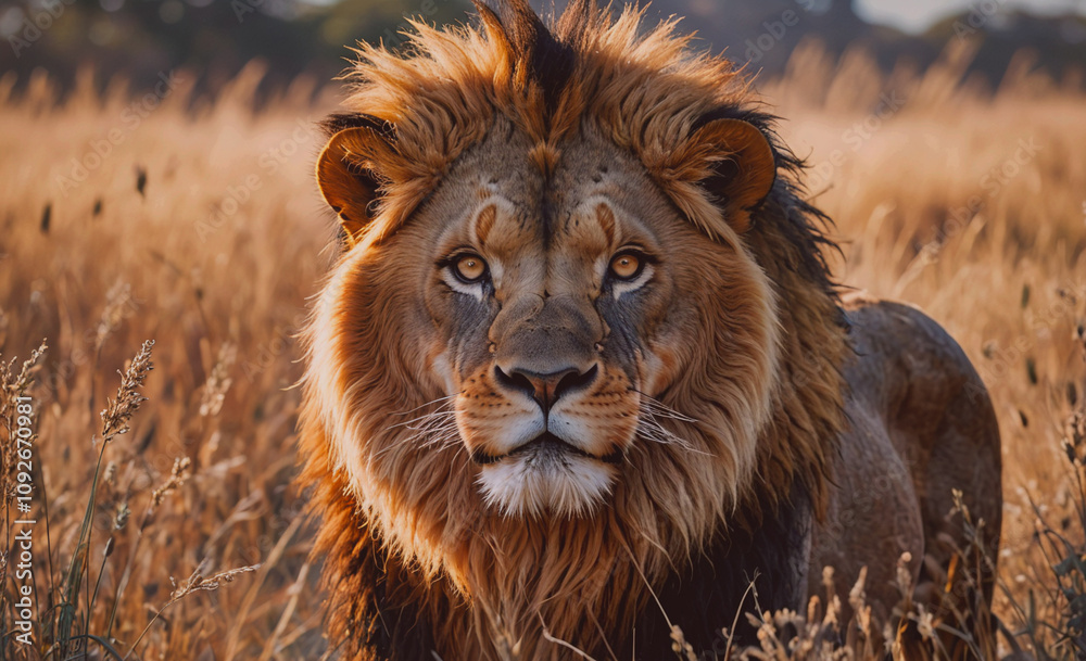 Poster lion is standing in a field of tall grass. the lion has a long mane and a large, brown face
