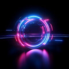 Futuristic Neon Light Abstract Circular Design with Vibrant Blue and Pink Glows Set Against a Dark Background for Modern Digital Art and Technology Concepts