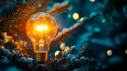A glowing light bulb on a Christmas tree with Christmas lights bokeh.