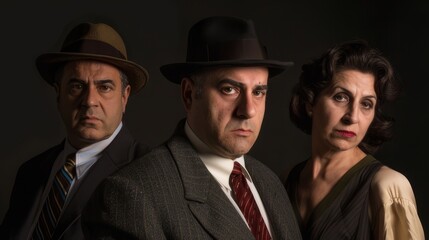 A trio of vintage gangsters stare intently into the camera