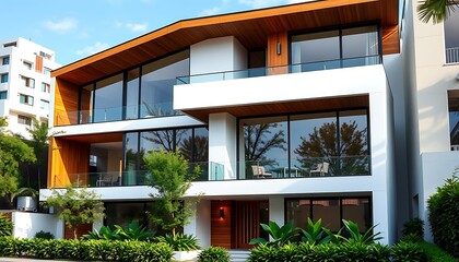 Fototapeta premium A sleek, modern two-story house with crisp white walls, warm wooden accents, and expansive windows that frame the lush greenery of a vibrant urban landscape.