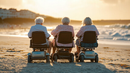 Elderly friends enjoying a sunset beach outing on mobility scooters, symbolizing companionship and accessibility during leisure time.