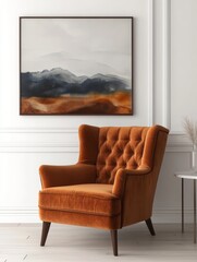 Orange Velvet Armchair with Abstract Landscape Painting