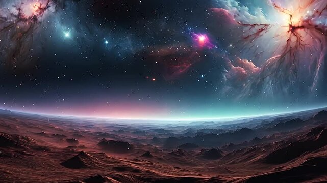 Animation A vast barren planet with rocky terrain and distant star clusters in deep space, creating a sci-fi landscape that evokes a sense of isolation and mystery in the cosmic expanse of the univers