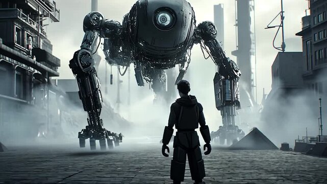 Animation A man in a mechanical suit faces off against a towering, one-eyed humanoid robot in a dark, futuristic world, as the intimidating figure approaches him in a tense black-and-white sci-fi conf