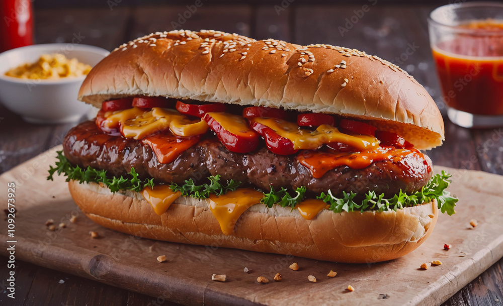 Poster hot dog with cheese and tomatoes on it. the bun is brown. there is a bowl of mustard and a cup of ke