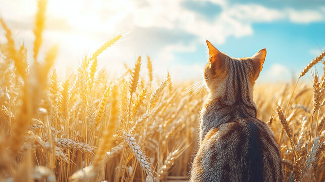 Domestic tabby cat gazing at golden wheat stalks under warm autumn sunlight, evoking a peaceful and rural atmosphere.