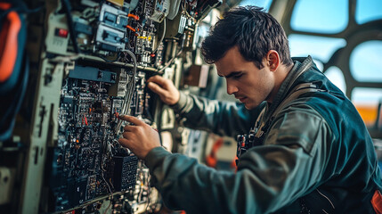 Aviation technician inspecting electrical circuits inside an aircraft cockpit, focusing on intricate wiring and modern technology in a professional setting.