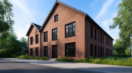 Fototapeta premium A modern brick building surrounded by greenery, featuring large windows and a well-maintained pathway leading to the entrance.