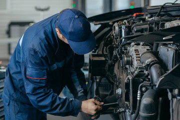 Auto mechanic repairs an engine. Replacing the timing chain