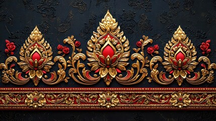 Fototapeta premium Intricate decorative pattern with red and gold elements on a dark background