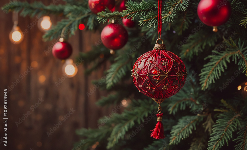 Aufkleber red ornament hangs from a tree. the ornament is shaped like a ball and has a tassel hanging from it