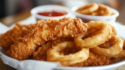 Chicken tenders with onion rings and dipping sauce.