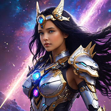 Guerrera gal&aacute;ctica con armadura brillante en un universo estelar
