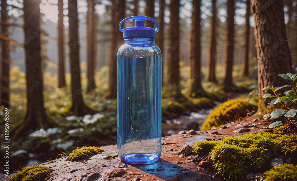 Poster clear water bottle with a blue cap sits on a log in a forest. the bottle is full of water and is rea
