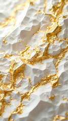 Detailed view of a textured surface with numerous gold facets creating an intricate pattern against white