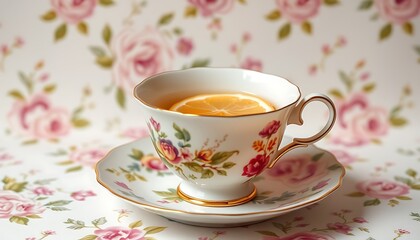 Fototapeta premium A classic English tea wallpaper in a delicate porcelain teacup with a slice of lemon and a floral saucer.