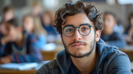 Obraz premium Intelligent-looking young male student, focused and determined, seated in a university classroom setting
