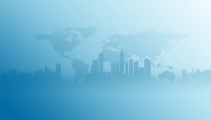 A business-inspired wallpaper featuring faint, stylized skyscrapers and world and city skyline outlines, blended with a calm gradient of blues and whites for a sleek corporate look.