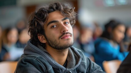 Obraz premium Intelligent-looking young male student, focused and determined, seated in a university classroom setting