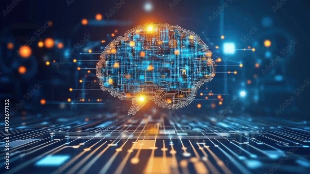 Poster futuristic digital brain representation with glowing circuits and data flow imagery for technology a