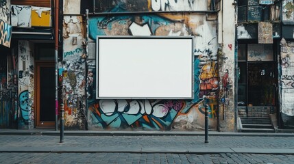 Blank urban billboard mockup on graffiti wall in vibrant street setting