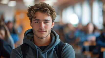 Intelligent-looking young male student, focused and determined, seated in a university classroom setting