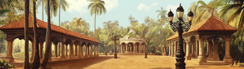 A serene outdoor space featuring palm trees, pavilions, and decorative lighting.