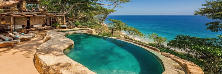 Fototapeta premium A luxurious infinity pool overlooking a serene ocean view, surrounded by lush greenery.