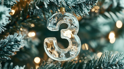 number 3 glass ornament for christmas tree decoration handing on a branch, stylish celebration