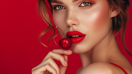 Fototapeta premium A portrait of seductive woman with red lips holding cherry close to her mouth.