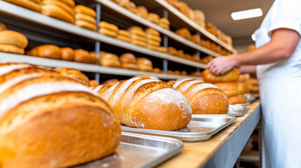 Artisan Baker Arranging Freshly Baked Loaves on Shelves in a Bustling Bakery Shop During a Sunny Afternoon