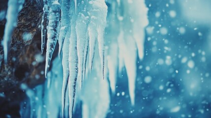 Close-up of Icicles with a Blurred Background of Snow and Ice