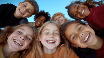Obraz premium Group of Children Smiling Joyfully Together Outdoors in a Sunny Setting, Showcasing Friendship and Happiness During a Casual Gathering