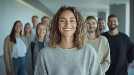 Obraz premium Smiling Woman Leads a Diverse Group of Friends in a Modern Office Space During a Team Gathering