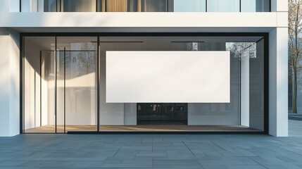 Modern storefront with large blank mockup sign, glass windows, reflections, urban setting