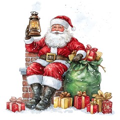 Santa claus delivers holiday cheer with lantern and gift-filled sack in a festive winter wonderland