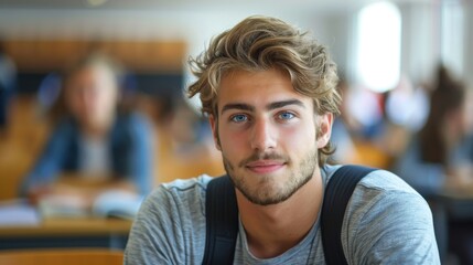 Fototapeta premium Intelligent-looking young male student, focused and determined, seated in a university classroom setting