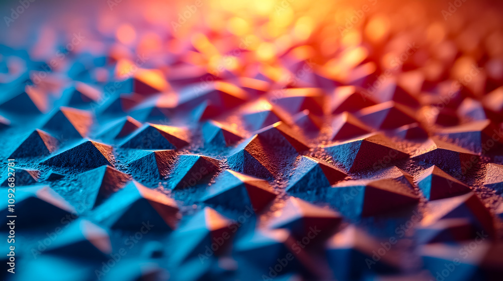 Poster colorful triangular and polygon patterns create a textured surface highlighted with vibrant lighting