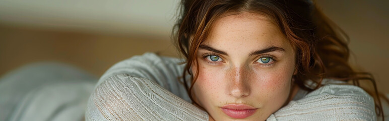 Young Woman with Green Eyes and Freckles Resting on Sweater, Natural Beauty Close-Up