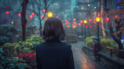 Woman in Black Coat Looking at Lantern-lit Pathway in Misty Evening Garden