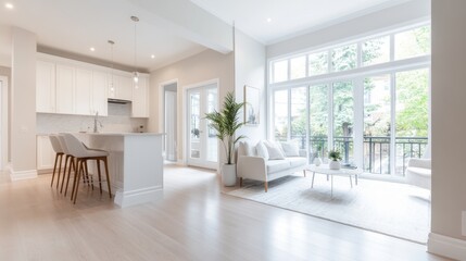 Fototapeta premium Bright and Modern Open Concept Living Room with Kitchen Area Featuring Natural Light, Contemporary Furniture, and Elegant Decor in a Cozy Home Setting