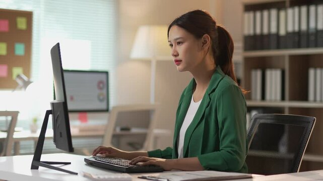 Asian businesswoman sitting at a desk, working intently on a computer, focusing on tasks and managing her workload