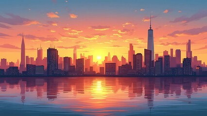 Fototapeta premium A city skyline at sunset, viewed from across the water, with the buildings reflecting on the surface