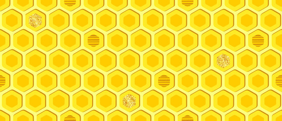 Yellow background of bee honeycombs with glitter and striped decor. Abstract endless texture with hexagons. Vector seamless pattern for honey product, wrapping paper, wrapper, cover, packaging, print